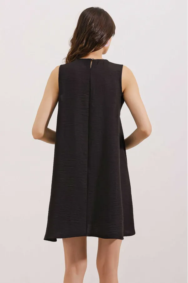 2444 Detailed Mini Linen Dress - Black