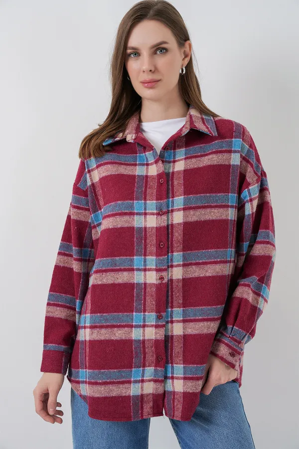 Kadın Ekose Desen Oversize Oduncu Gömlek 3854 A.Kiremit