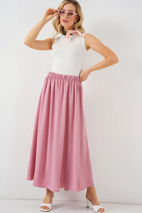 Kadın Uzun Ayrobin Etek 8050 - Pudra