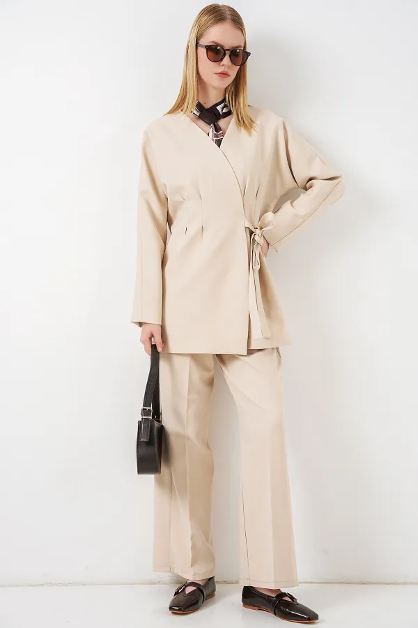 Kadın Yandan Bağlamalı Ceket Pantolon İkili Takım 30099 - Krem