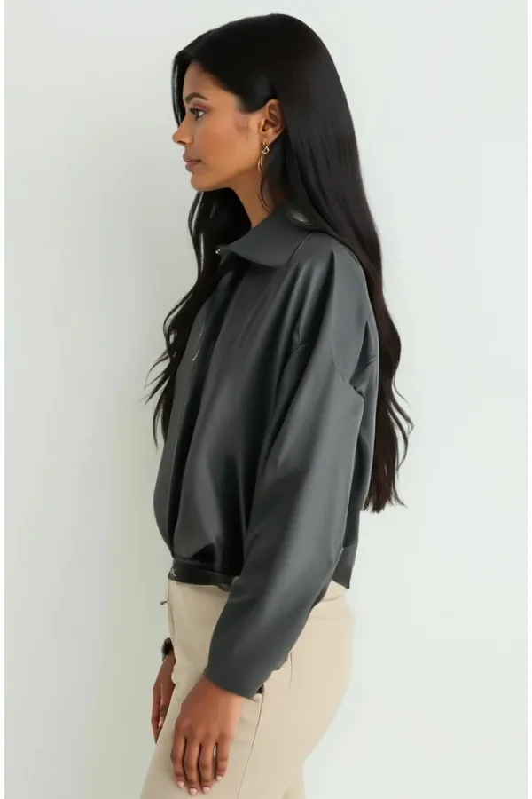 Kadın Kemer Detaylı Deri Ceket 1056 - Siyah