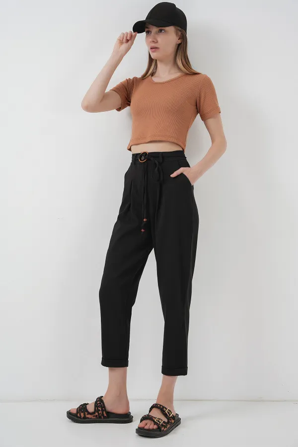 6660 Kemerli Keten Pantolon - Siyah