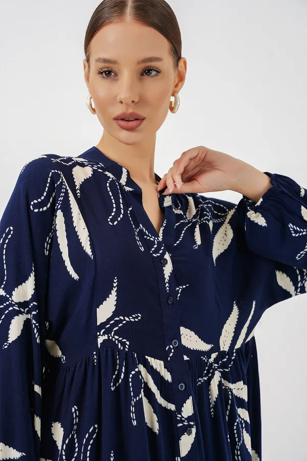 Kadın Desenli Uzun Tesettür Elbise 2585 - D.Lacivert