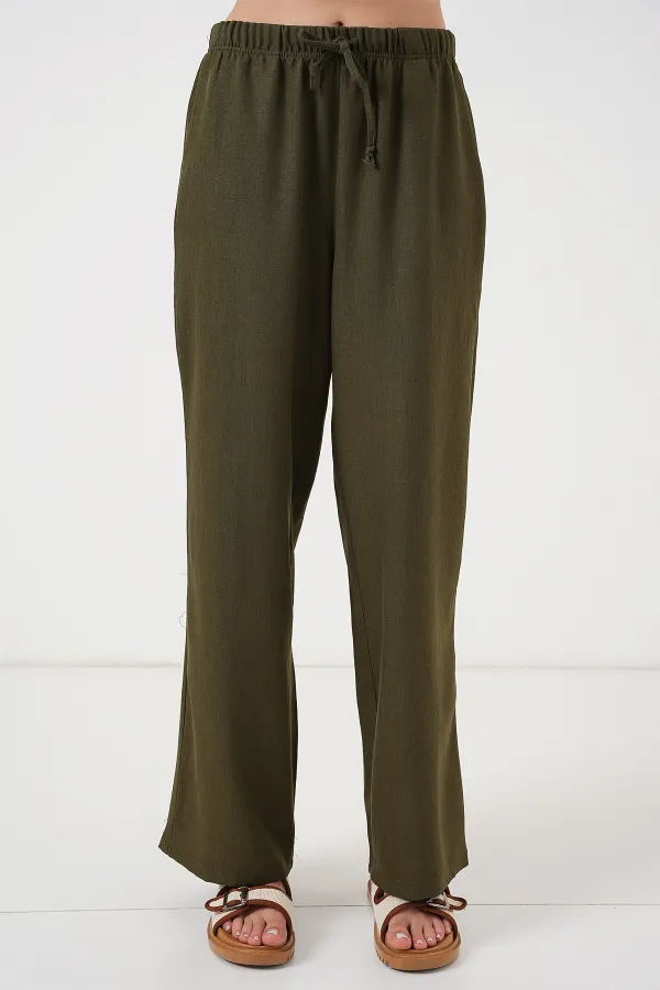Women's Wide Leg Linen Trousers 6735 - Khaki