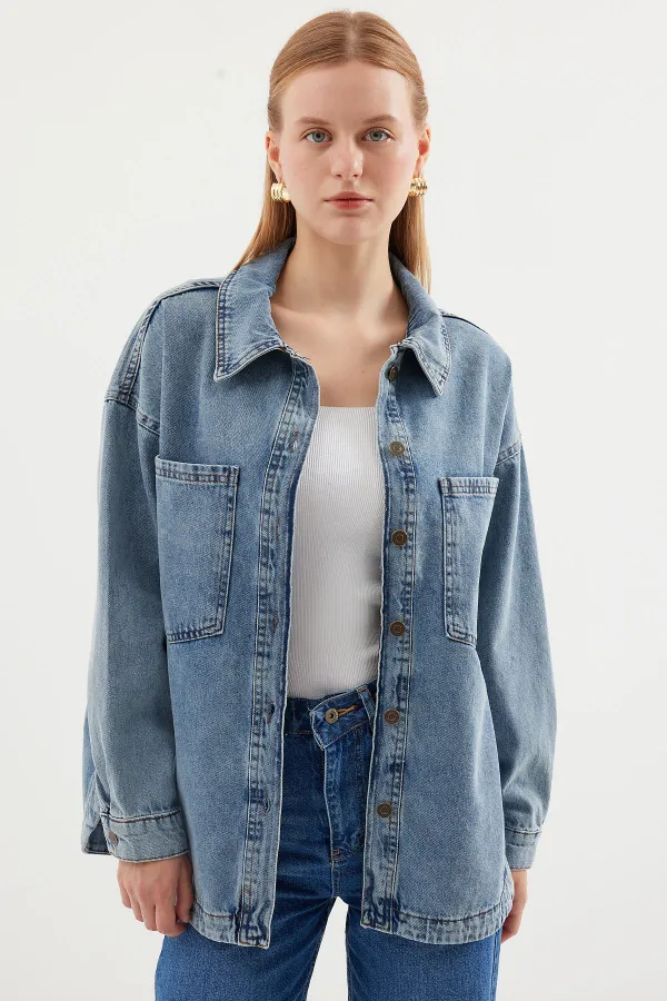 0694 Double Pocket Oversize Denim Jacket - Ice Blue