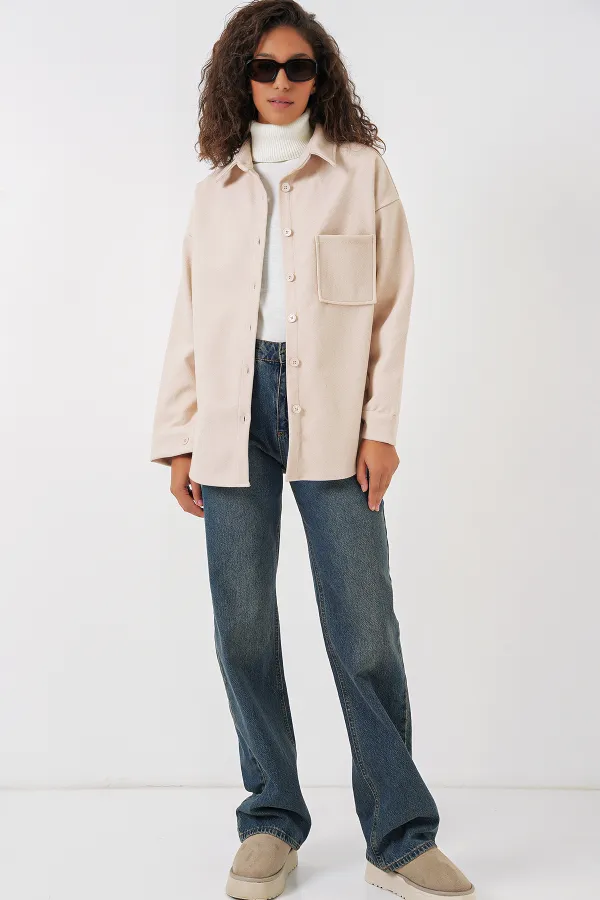 20273 Tek Cepli Düğmeli Kaşe Gömlek - Krem