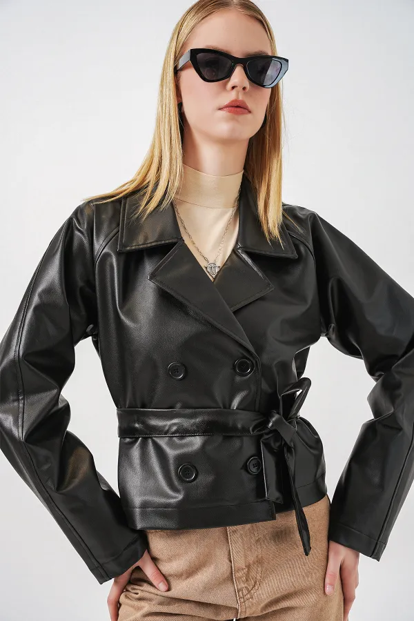 Kadin Kısa Suni Deri Ceket 1058 - Siyah