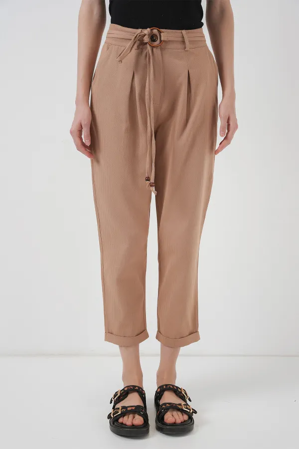 6660 Kemerli Keten Pantolon - Bisküvi