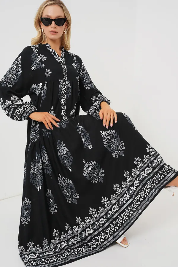 Robe hijab à motifs authentiques 2423 - Noir 11 Robe hijab à motifs authentiques 2423 - Noir 11