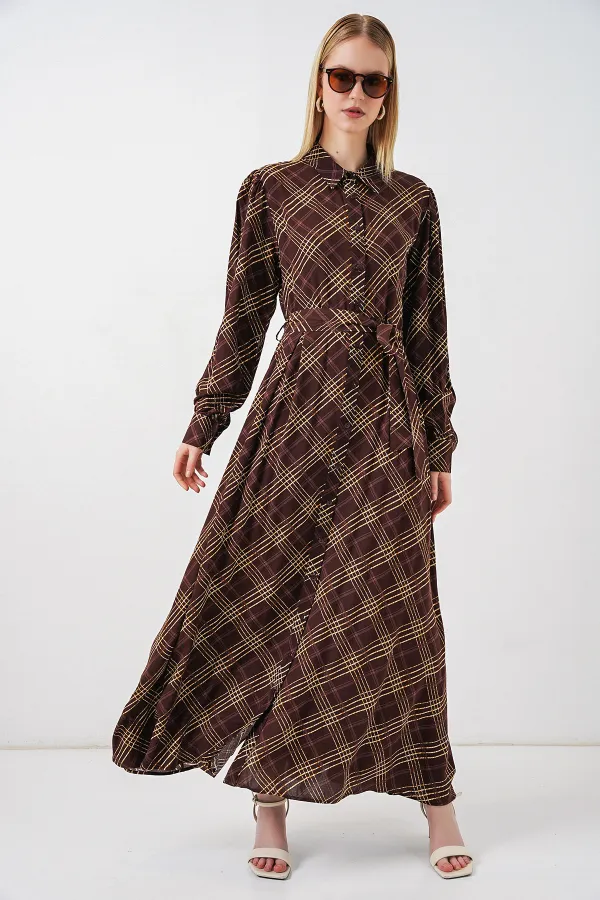 Kadın Boydan Düğmeli Uzun Tesettür Elbise 2588 - Kahverengi