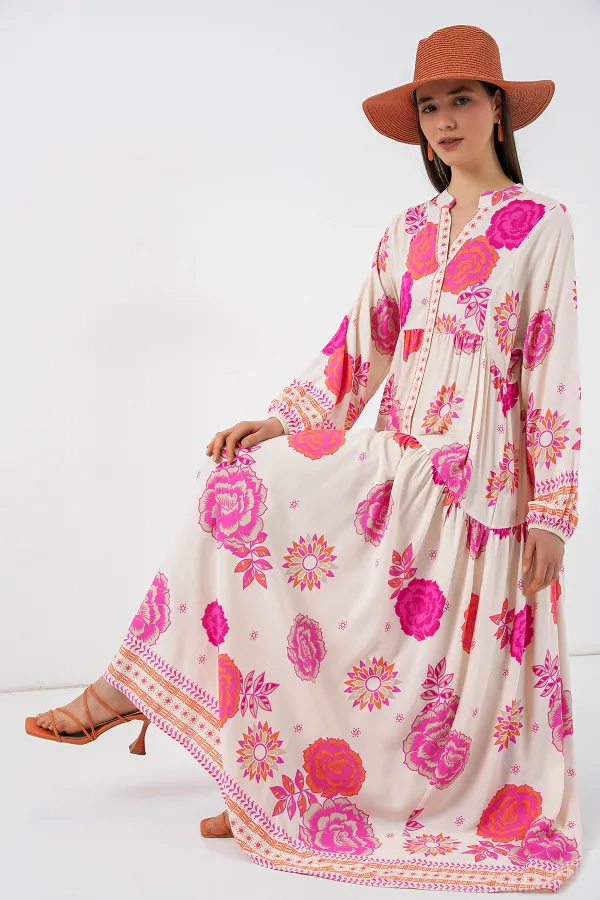 Kadın Desenli Uzun Tesettür Elbise 2585 - L. Fuşya