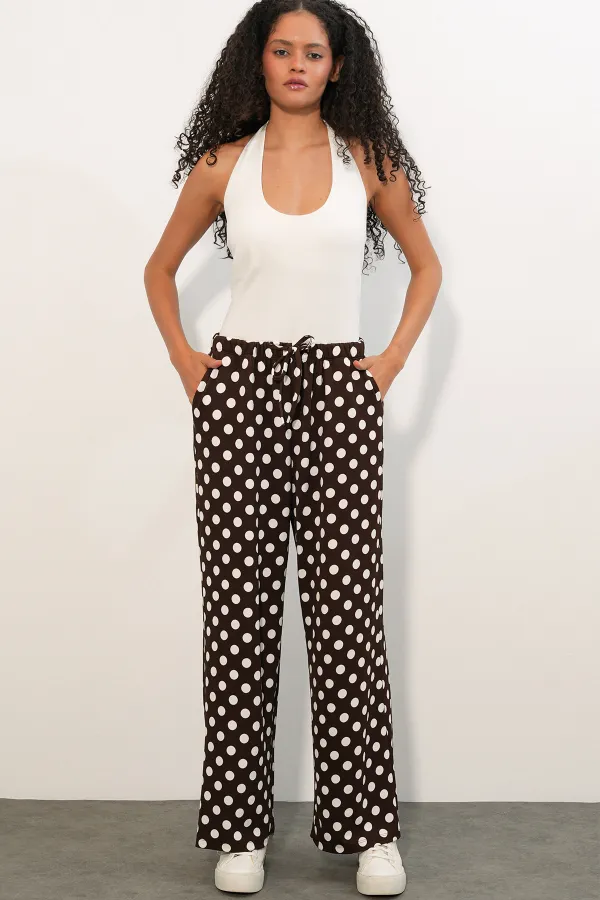 Women's Wide Leg Polka Dot Trousers 30116 - Brown