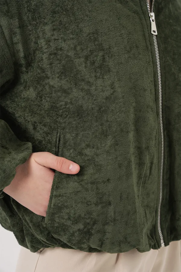 Kadın Büzgülü Oversize Kadife Ceket 0733 - Haki