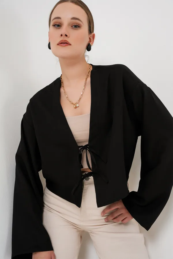 Kimono en lin noué sur le devant 960 - Noir