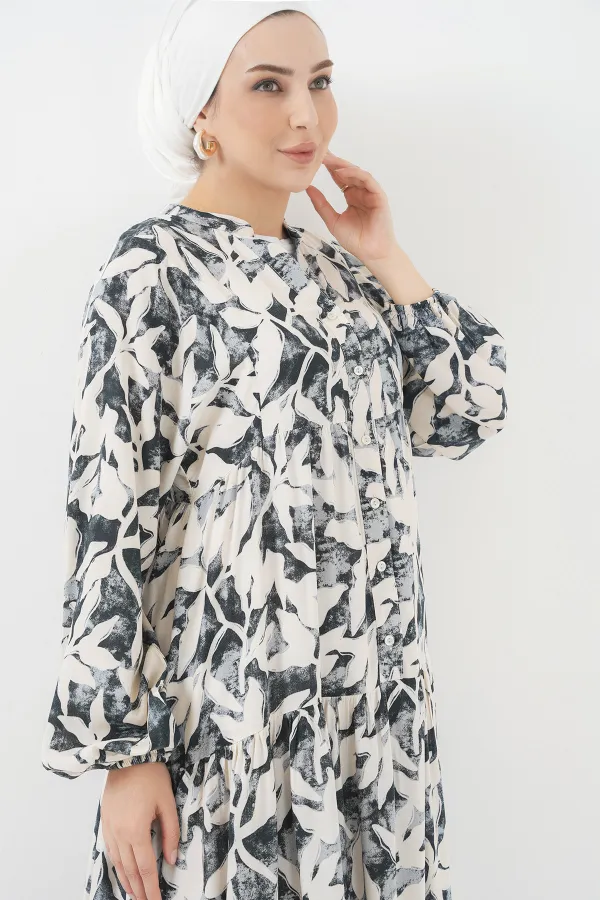 2423 Authentic Patterned Hijab Dress - V. Anthracite