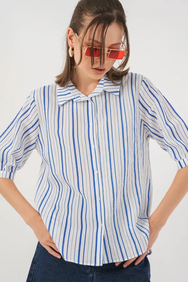Women's Striped Short Sleeve Shirt 20345 - Blue
