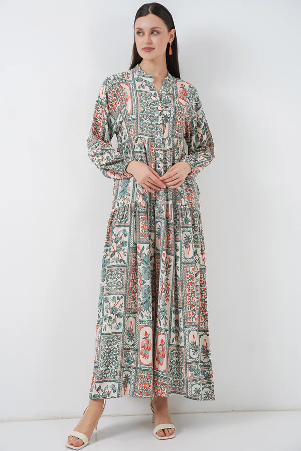 Women's Patterned Long Hijab Dress 2585 - Çağla