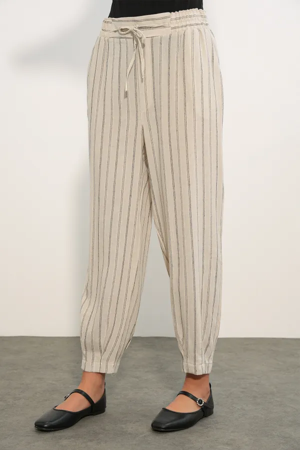 Pantalon rayé en lin pour femme 30102 - Noir