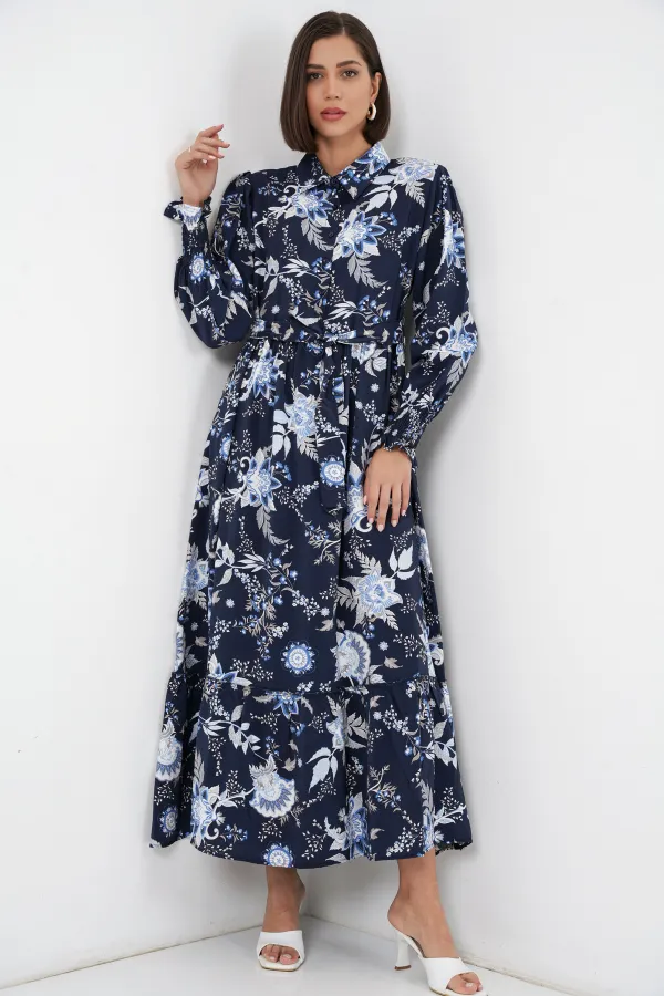 Robe hijab ceinturée pour femme 2589 - Bleu marine