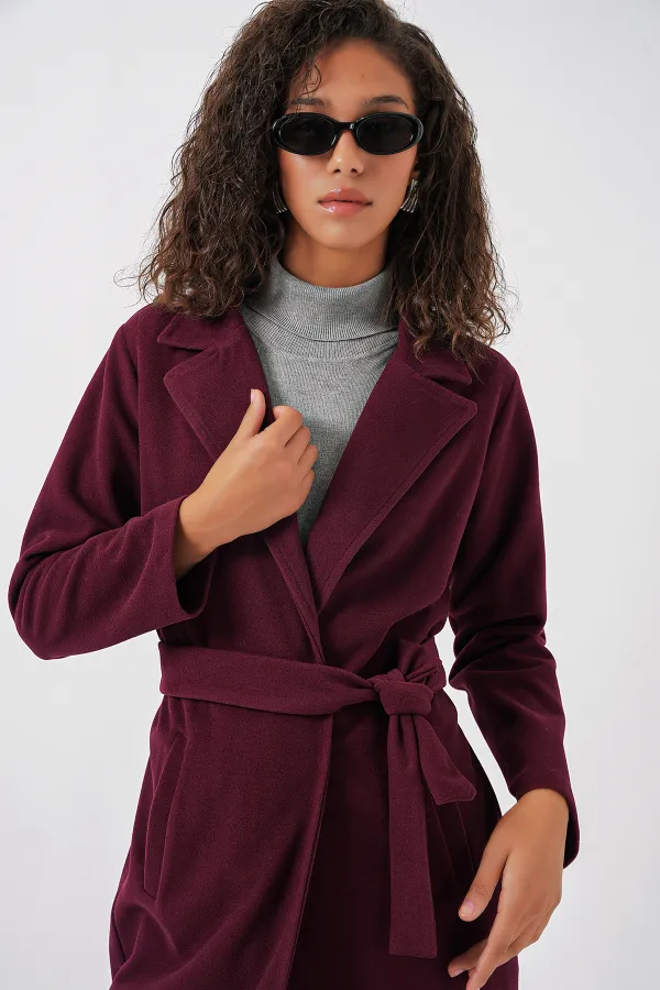 9118 Double Breasted Collar Cashmere Coat - Claret Red