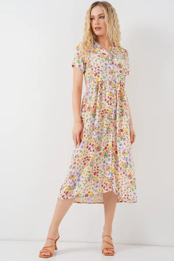 Women's Buttoned-Down Short Sleeve Floral Dress 2561 - Cream