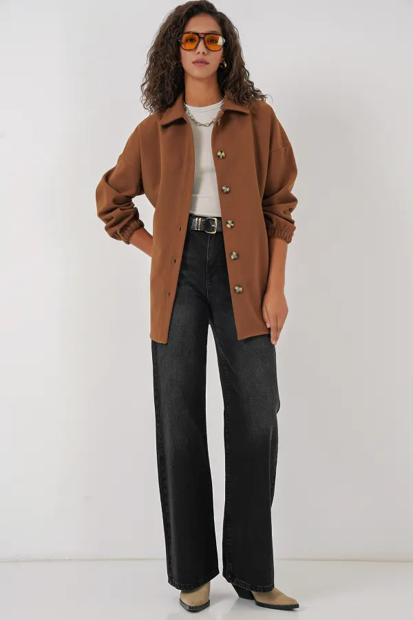 0674 Cepli Oversize Gömlek - Taba