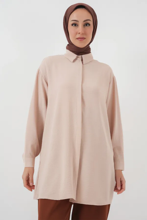 Kadın Uzun Gömlek Tunik 5945 - Krem