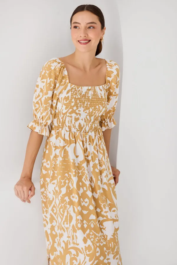 2512 Patterned Slit Dress - Yellow