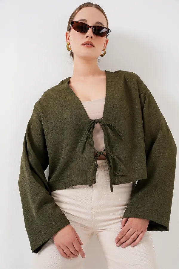 Tie-Front Linen Kimono 960 - Khaki