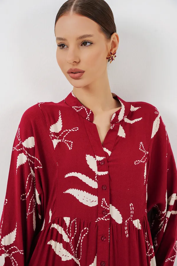 Kadın Desenli Uzun Tesettür Elbise 2585 - E. Bordo