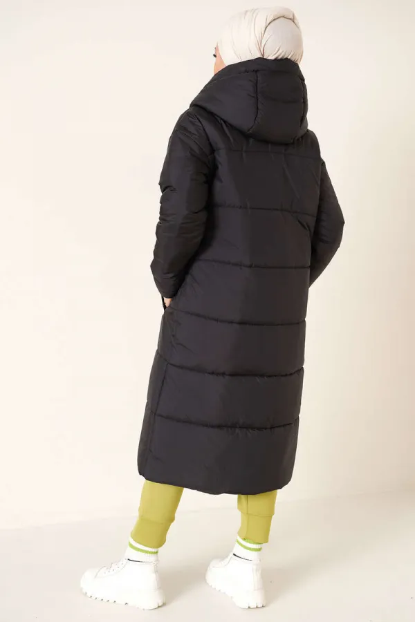 Manteau long matelassé à capuche T5120 - Noir