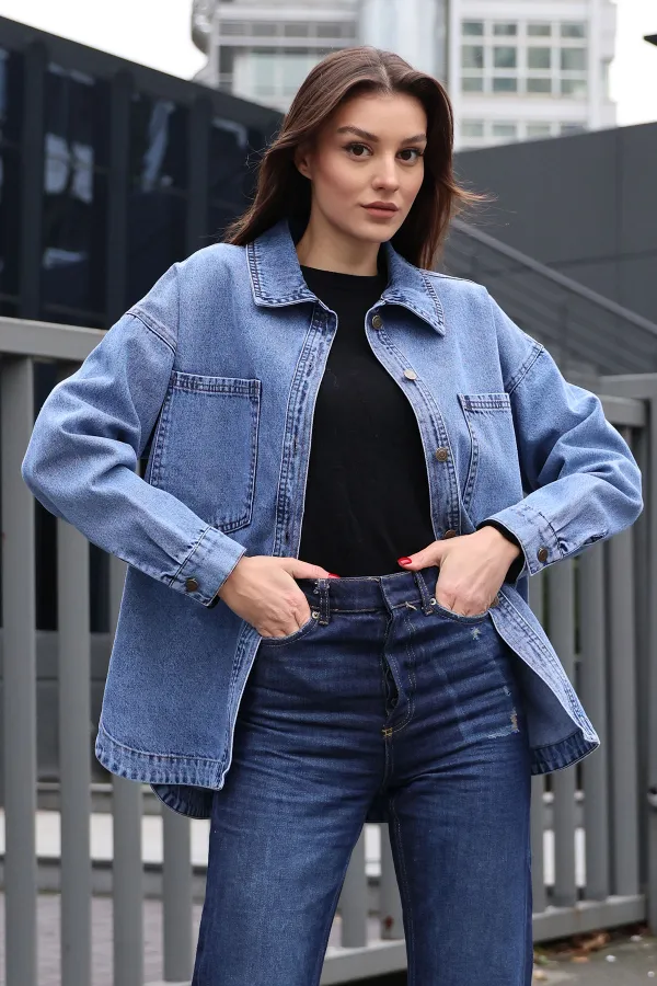 0694 Double Pocket Oversize Denim Jacket - Navy Blue 0694 Double Pocket Oversize Denim Jacket - Navy Blue
