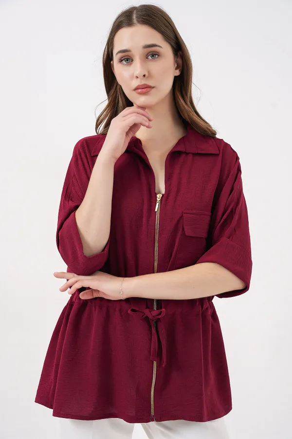 Fermuarlı Kadın Gömlek 0721 - Bordo