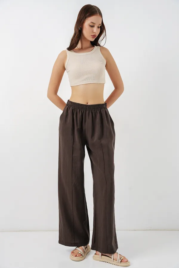 Kadın Beli Lastikli Bol Paça Pantolon 30087 - A.Kahve