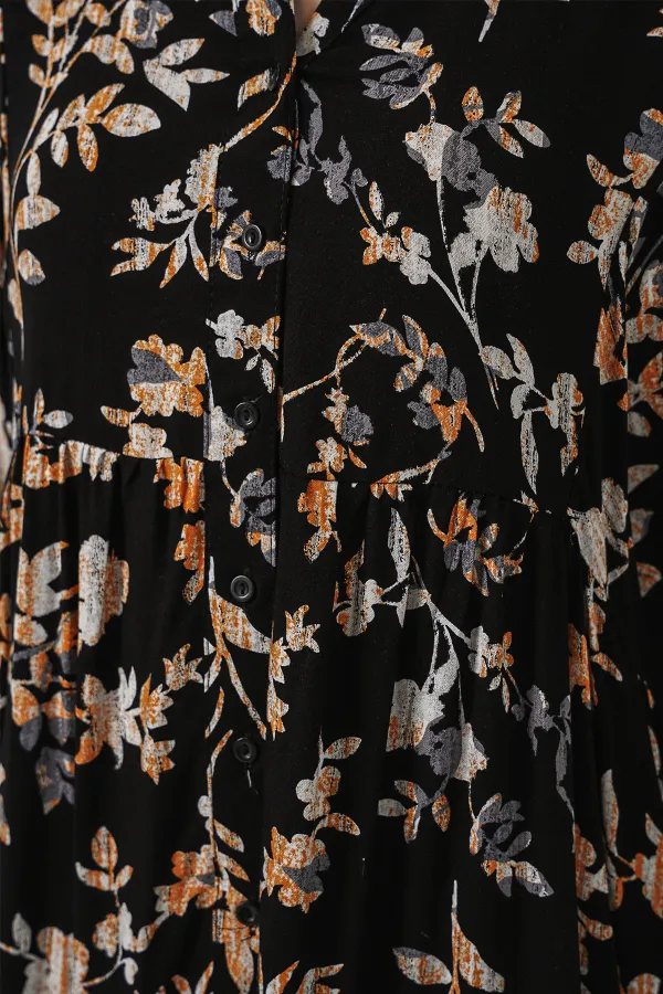 Women's Patterned Long Hijab Dress 2585 - V. Black