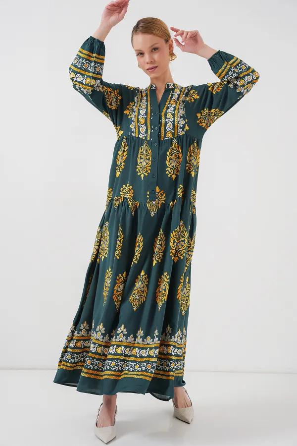 2423 Otantik Desenli Tesettür Elbise - Yeşil 7