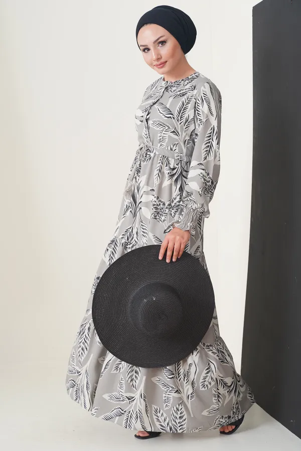 2145 Patterned Hijab Dress - Stone