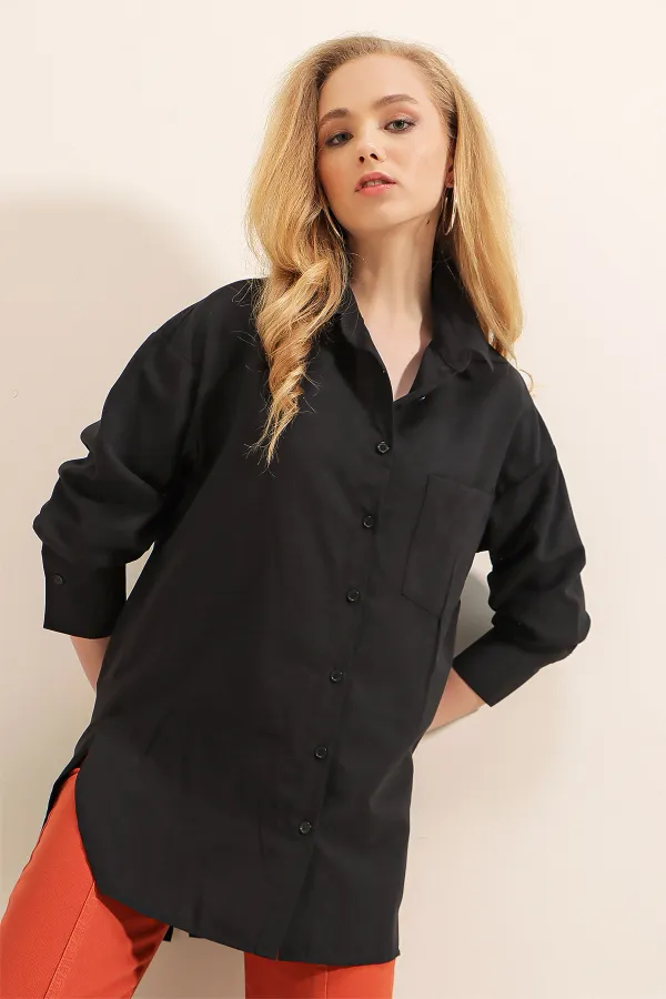 Chemise boyfriend boutonnée au dos 3952 - Noire