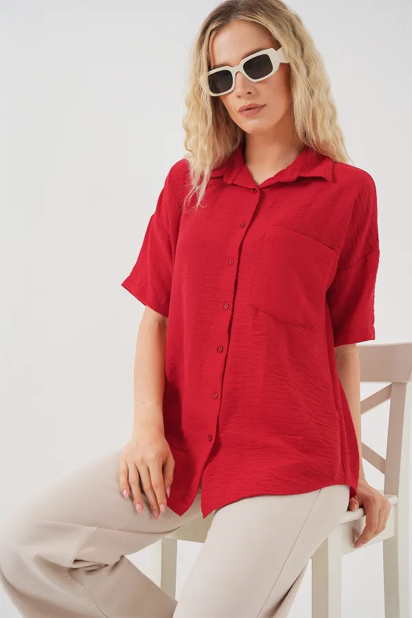 Chemise à manches courtes pour femme, aspect lin, référence 20336 - Rouge