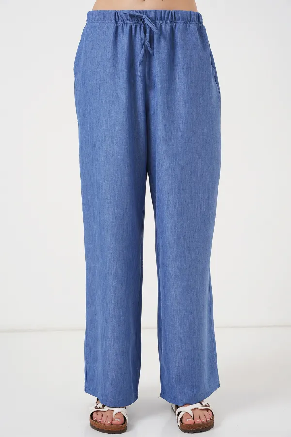 Women's Wide Leg Linen Trousers 6735 - Indigo