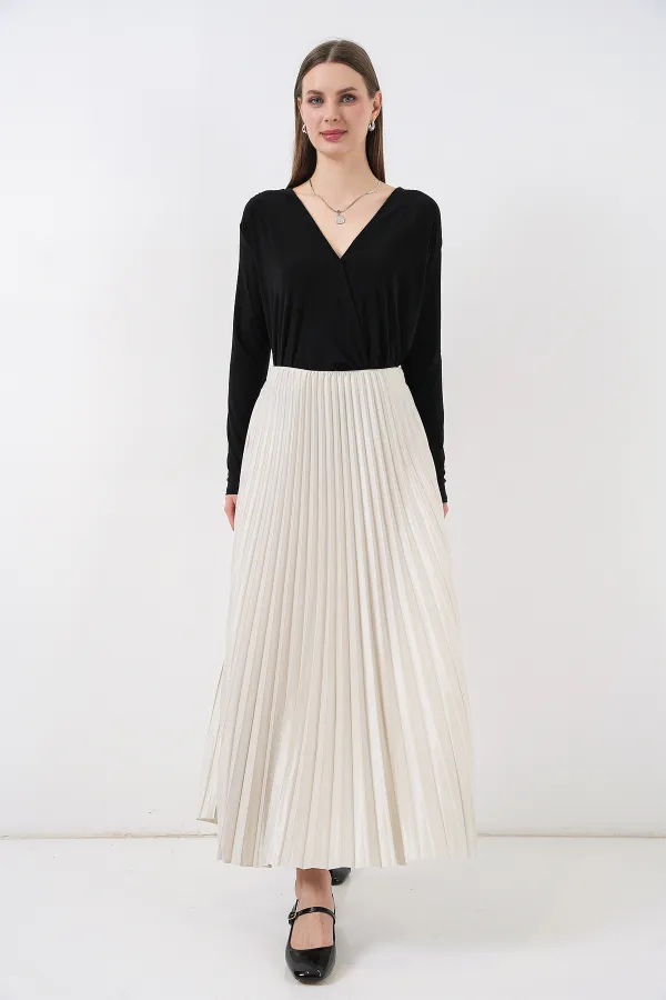 8009 Deri Görünümlü Piliseli Etek - Krem