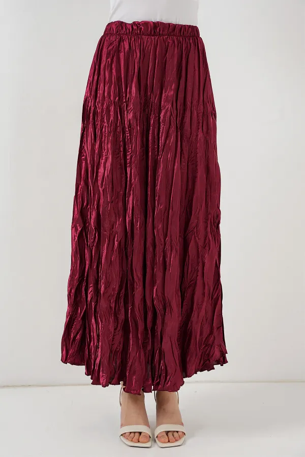 Jupe longue froissée brillante pour femme 8034 - Bordeaux