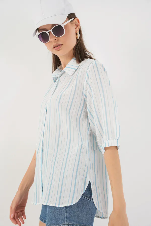 Chemise rayée à manches courtes pour femme 20345 - Bleu clair