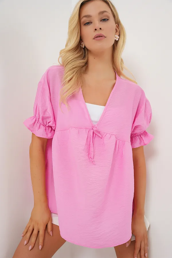 Kadın Önü Bağcıklı Kısa Kol Bluz 962 - Pembe
