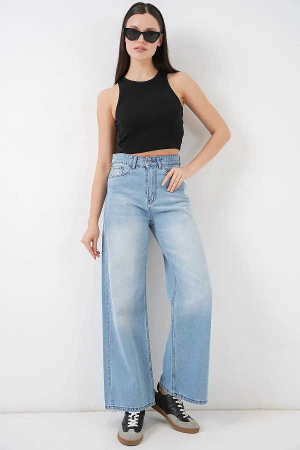 Women's Wide Leg High Waist Palazzo Jeans 6656 - Light Blue