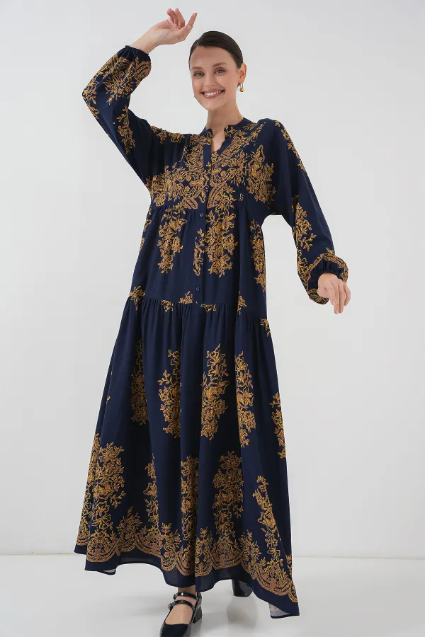 Robe hijab bleu marine à motifs dorés 2423