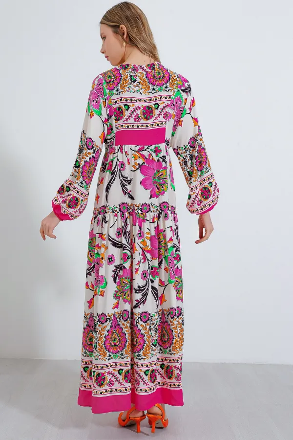 Robe hijab en viscose à motifs crème fuchsia pour femme 2423