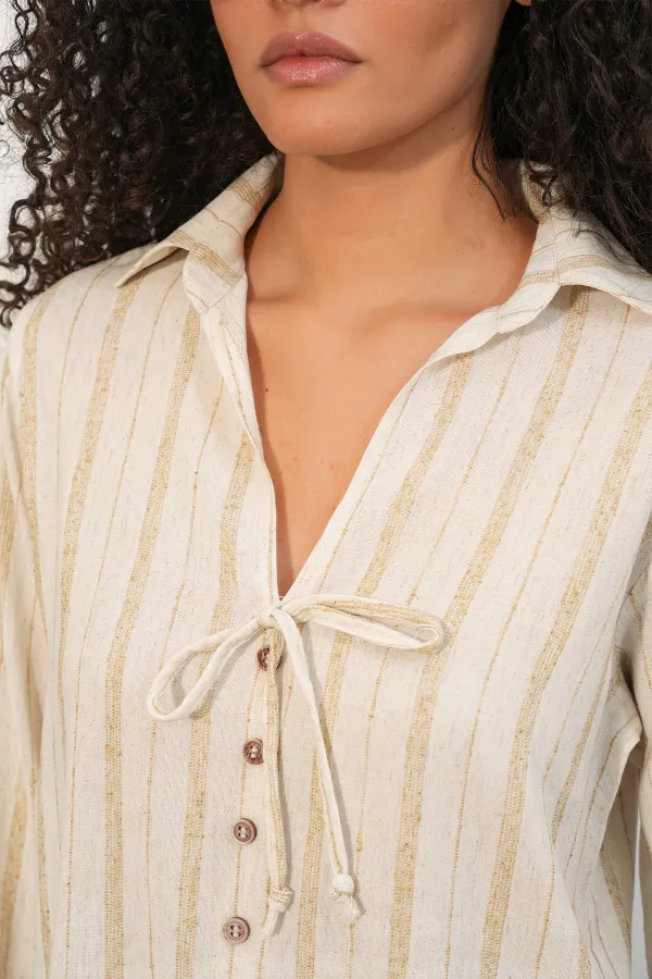 Chemise rayée en lin à lacets pour femme 995 - Écru