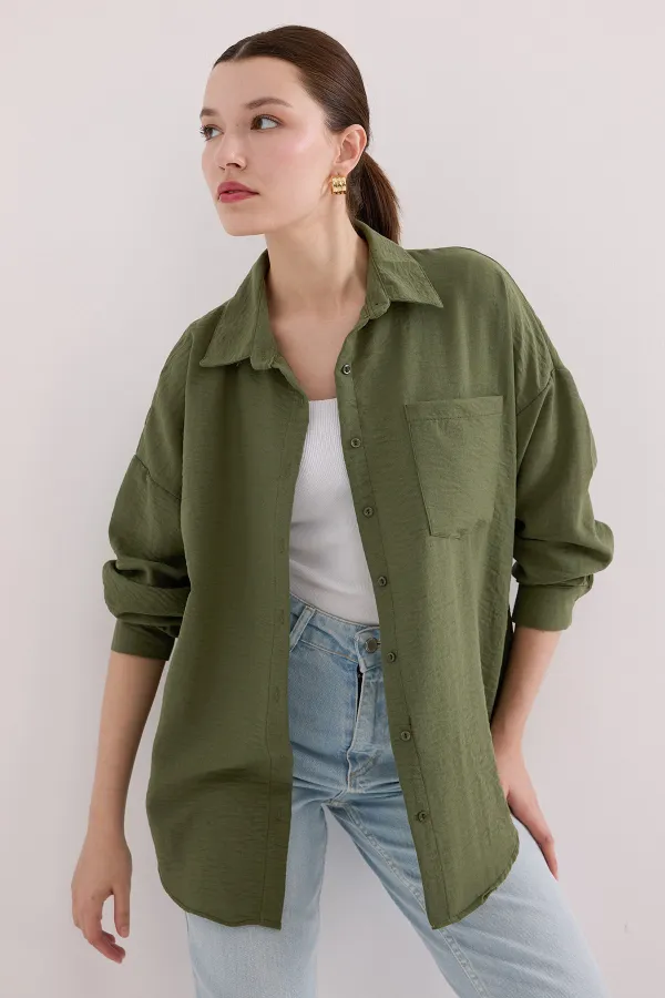 Chemise oversize en lin à poche unique 20153 - Kaki