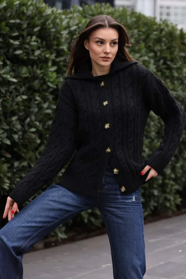 15856 Saç Örgülü Hırka - Siyah